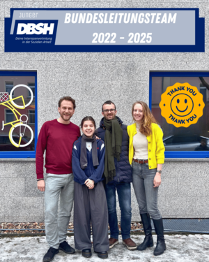 Auf dem Bild ist das alte Bundesleitungsteam zu sehen. Oben steht in einem blauen Balken "Bundesleitungsteam 2022-2025. Darunter stehen die vier Mitglieder, von links nach rechts: Niklas, Clara, Martin, Anne. Im Hintergrund sind zwei Fenster und eine Hauswand. In dem einen Fenster ist ein Fahrradaufkleber zu sehen, in dem anderem ein "Danke Sticker". 